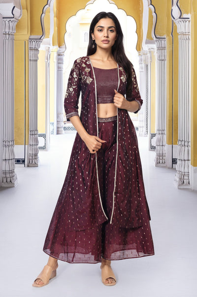 Maroon Embroidered Flared Georgette Crop Top with Palazzo and Jacket Set