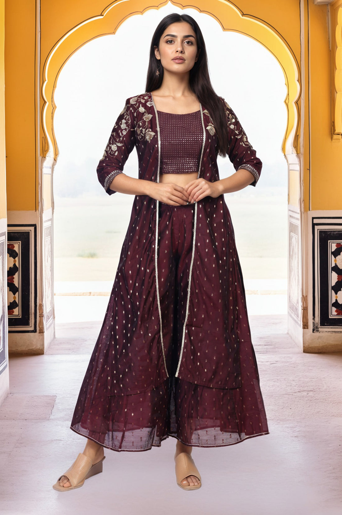 Maroon Embroidered Sequined Crop Top with Embroidered Palazzo and Jacket Set
