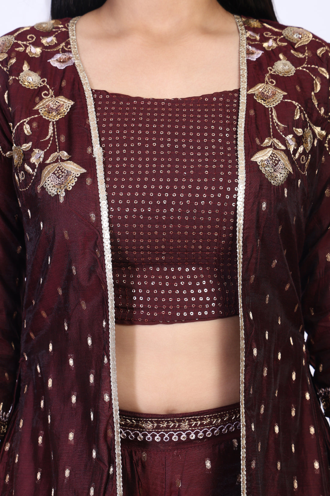 Maroon Embroidered Sequined Crop Top with Embroidered Palazzo and Jacket Set