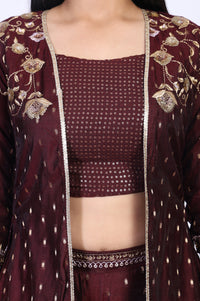 Maroon Embroidered Flared Georgette Crop Top with Palazzo and Jacket Set