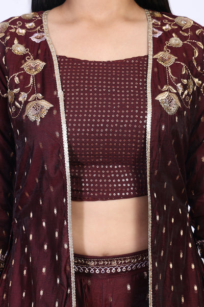 Maroon Embroidered Flared Georgette Crop Top with Palazzo and Jacket Set