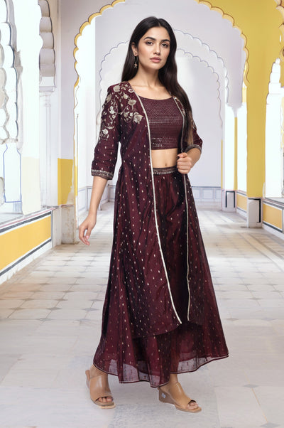 Maroon Embroidered Flared Georgette Crop Top with Palazzo and Jacket Set