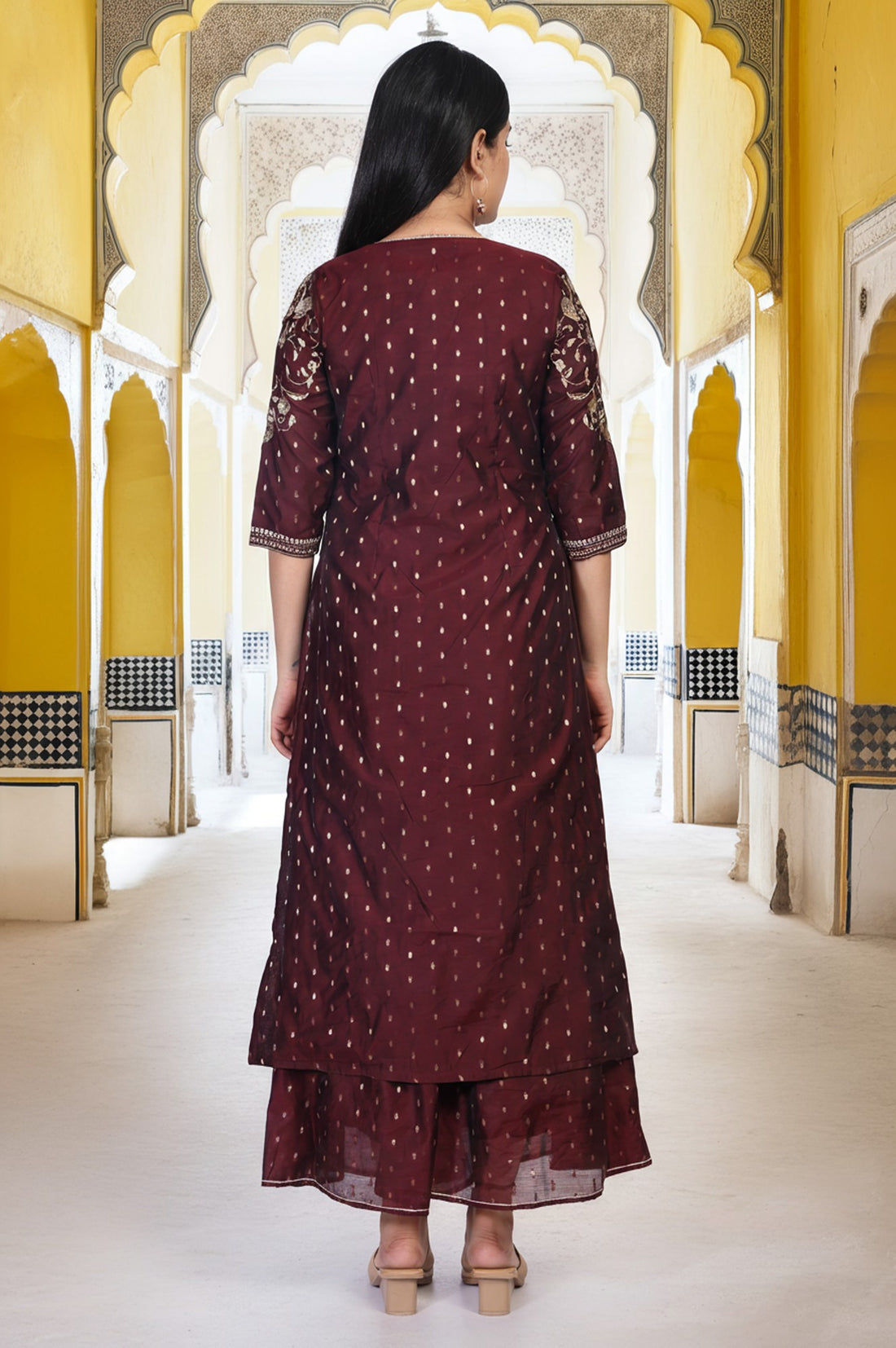 Maroon Embroidered Sequined Crop Top with Embroidered Palazzo and Jacket Set