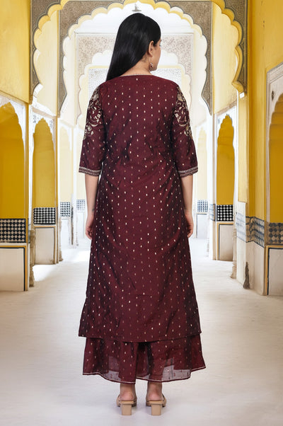 Maroon Embroidered Flared Georgette Crop Top with Palazzo and Jacket Set