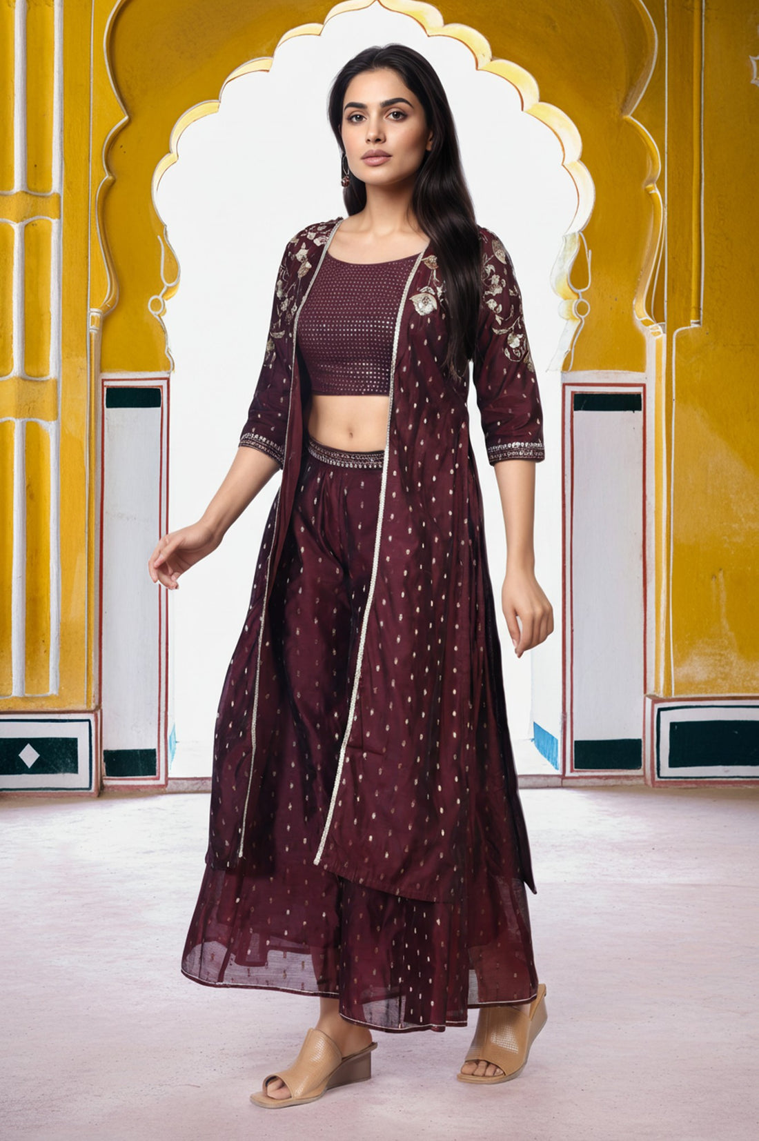 Maroon Embroidered Sequined Crop Top with Embroidered Palazzo and Jacket Set