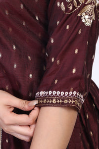 Maroon Embroidered Flared Georgette Crop Top with Palazzo and Jacket Set