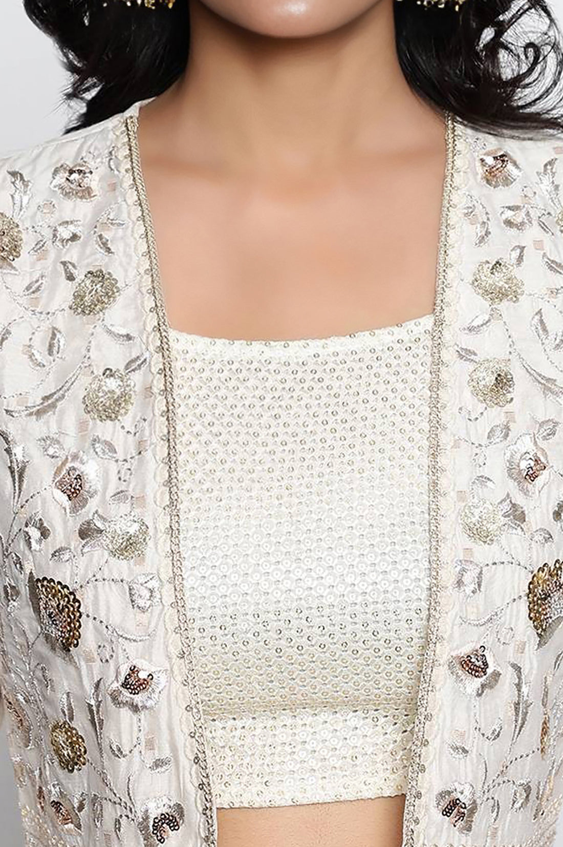 Off White Dyed Printed Sequins Georgette Straight Crop Top, Skirt and Jacket Set