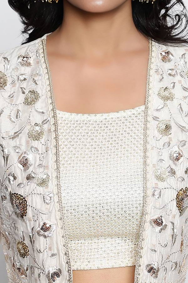 Off White Dyed Printed Sequins Georgette Straight Crop Top, Skirt and Jacket Set