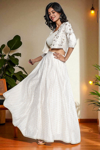 Off White Dyed Printed Sequins Georgette Straight Crop Top, Skirt and Jacket Set
