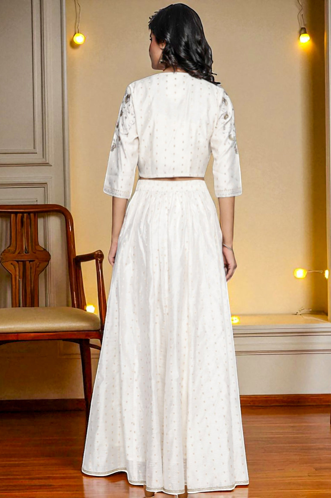 Off White Dyed Printed Sequins Georgette Straight Crop Top, Skirt and Jacket Set