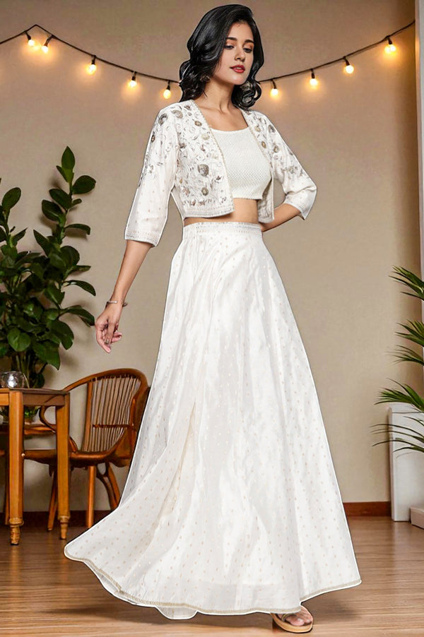 Off White Dyed Printed Sequins Georgette Straight Crop Top, Skirt and Jacket Set