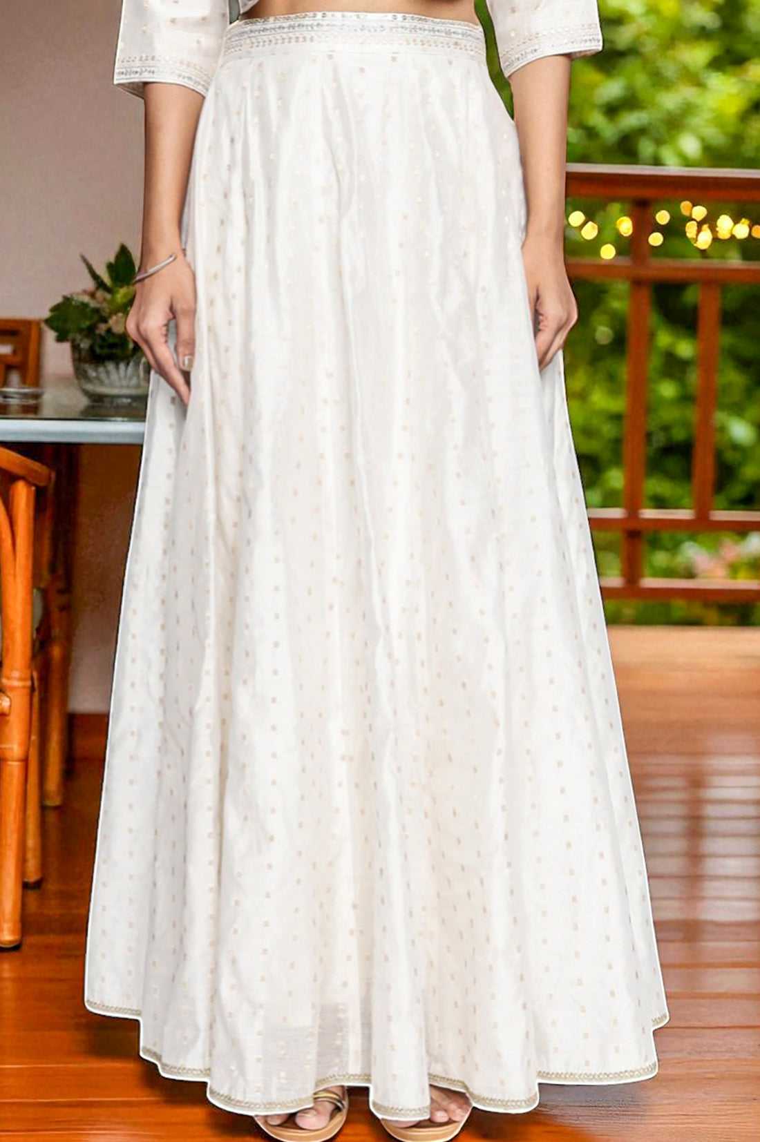 Off White Dyed Printed Sequins Georgette Straight Crop Top, Skirt and Jacket Set