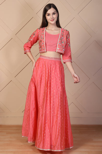 Coral Embroidered Flared Georgette Crop Top with Skirt and Jacket Set