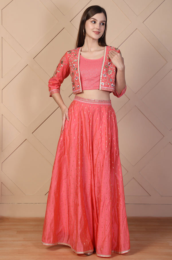 Coral Sequined Crop Top with Flared Skirt and Embroidered Short Jacket Set