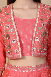 Coral Embroidered Flared Georgette Crop Top with Skirt and Jacket Set