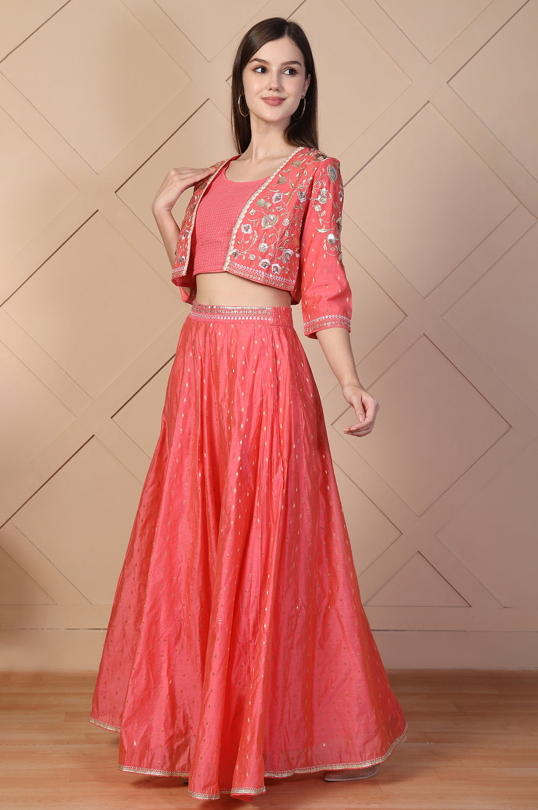 Coral Sequined Crop Top with Flared Skirt and Embroidered Short Jacket Set