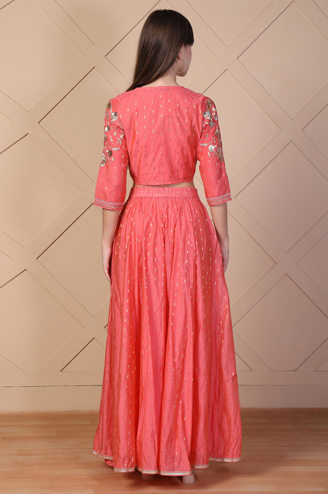 Coral Sequined Crop Top with Flared Skirt and Embroidered Short Jacket Set