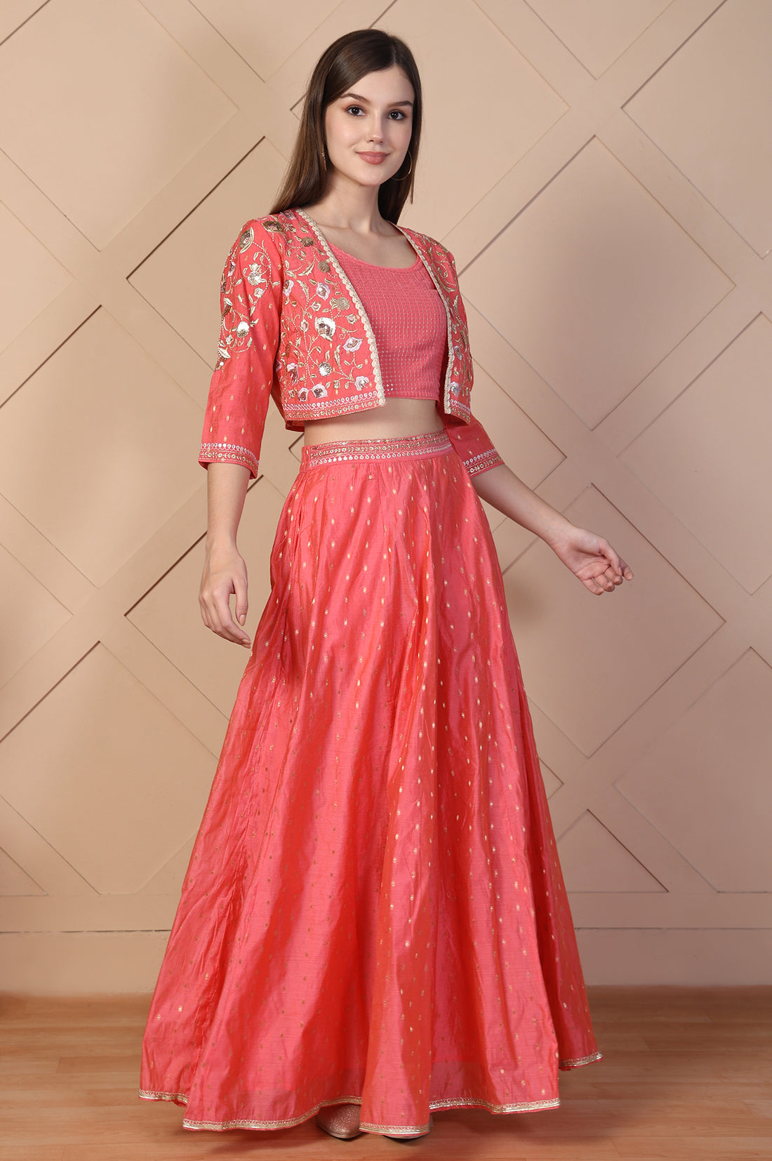 Coral Sequined Crop Top with Flared Skirt and Embroidered Short Jacket Set