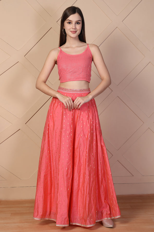 Coral Sequined Crop Top with Flared Skirt and Embroidered Short Jacket Set