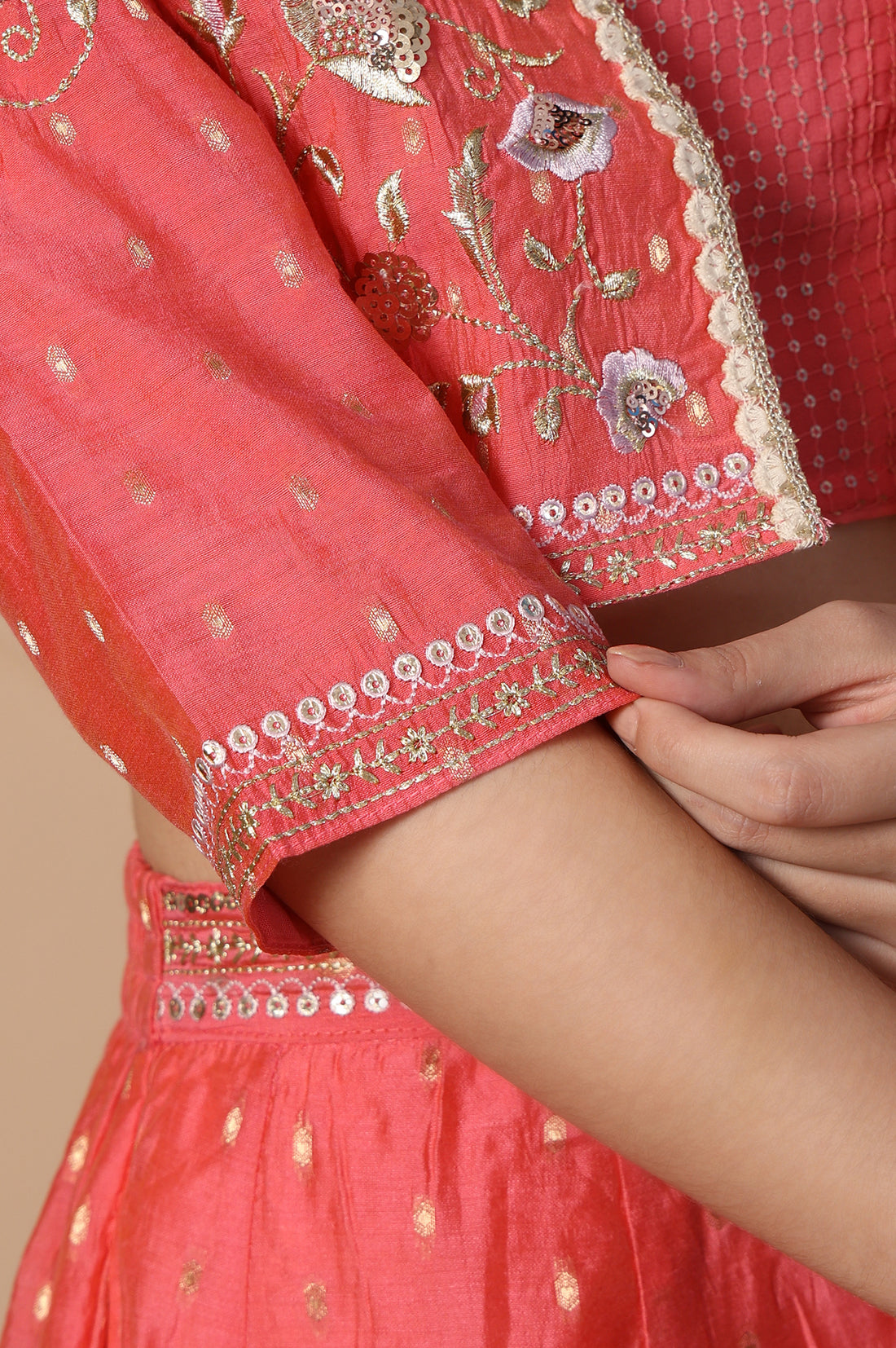 Coral Sequined Crop Top with Flared Skirt and Embroidered Short Jacket Set