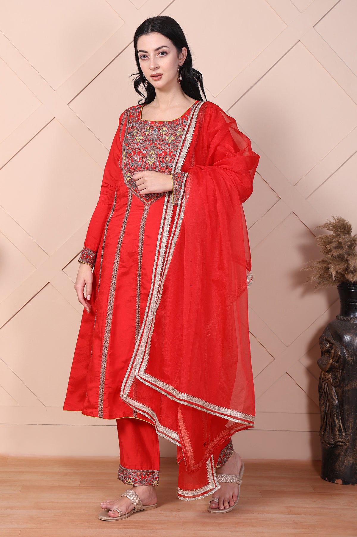 Red Mirror Work A-Line Kurta with Pant and Dupatta - S