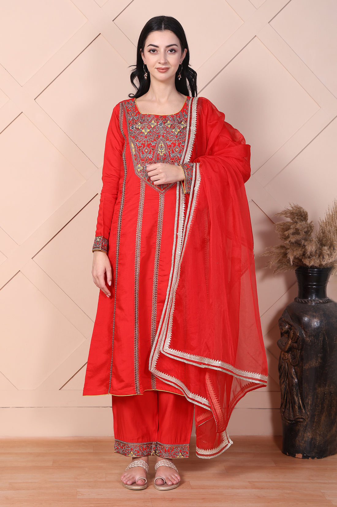 Red Mirror Work A-Line Kurta with Pant and Dupatta