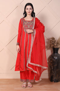 Red Mirror Work A-Line Kurta with Pant and Dupatta
