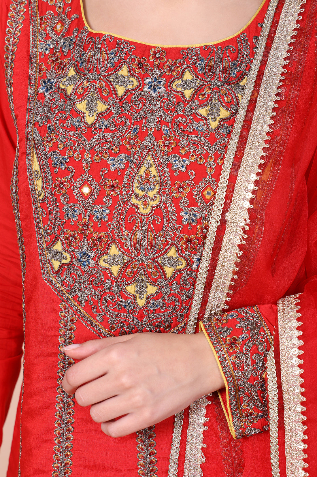 Red Mirror Work A-Line Kurta with Pant and Dupatta