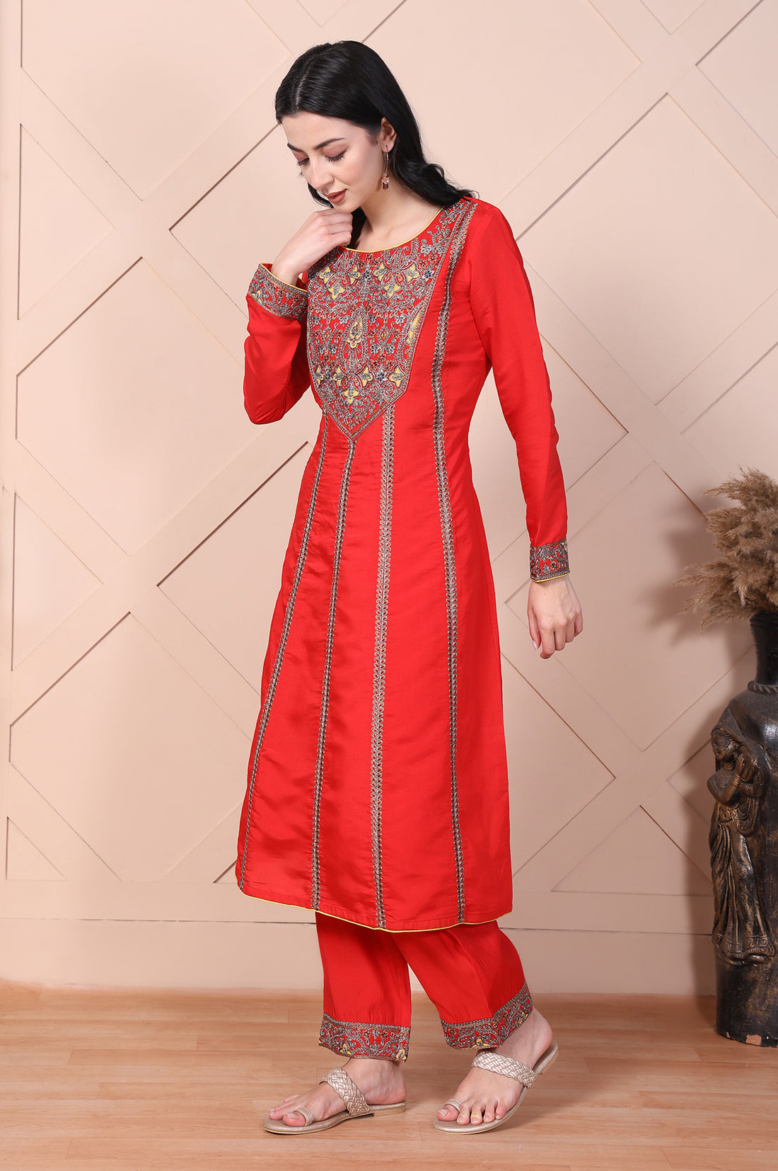 Red Mirror Work A-Line Kurta with Pant and Dupatta