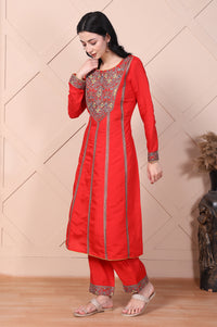 Red Mirror Work A-Line Kurta with Pant and Dupatta