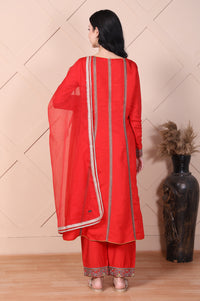 Red Mirror Work A-Line Kurta with Pant and Dupatta