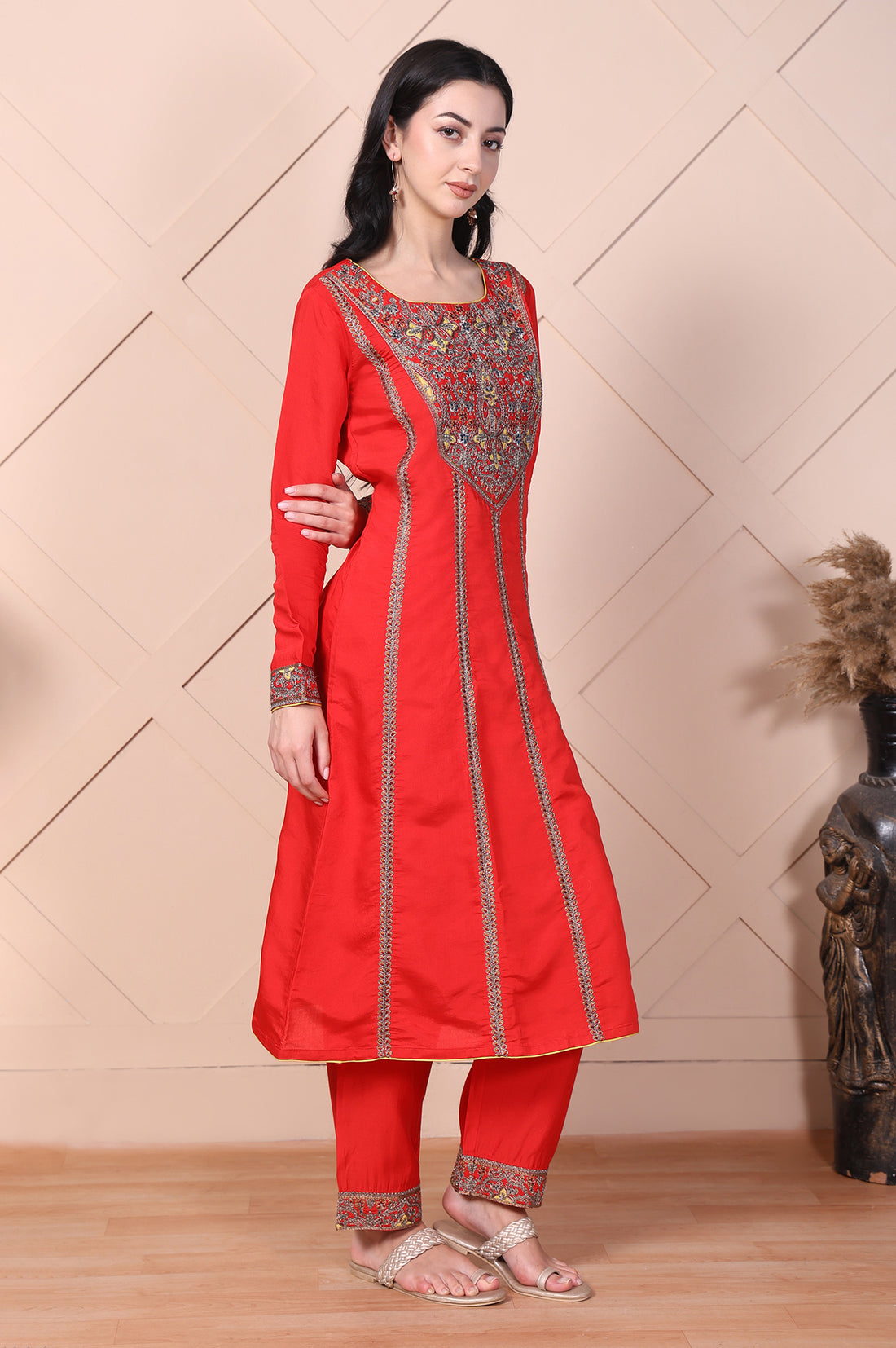 Red Mirror Work A-Line Kurta with Pant and Dupatta