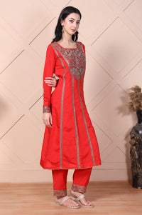 Red Mirror Work A-Line Kurta with Pant and Dupatta