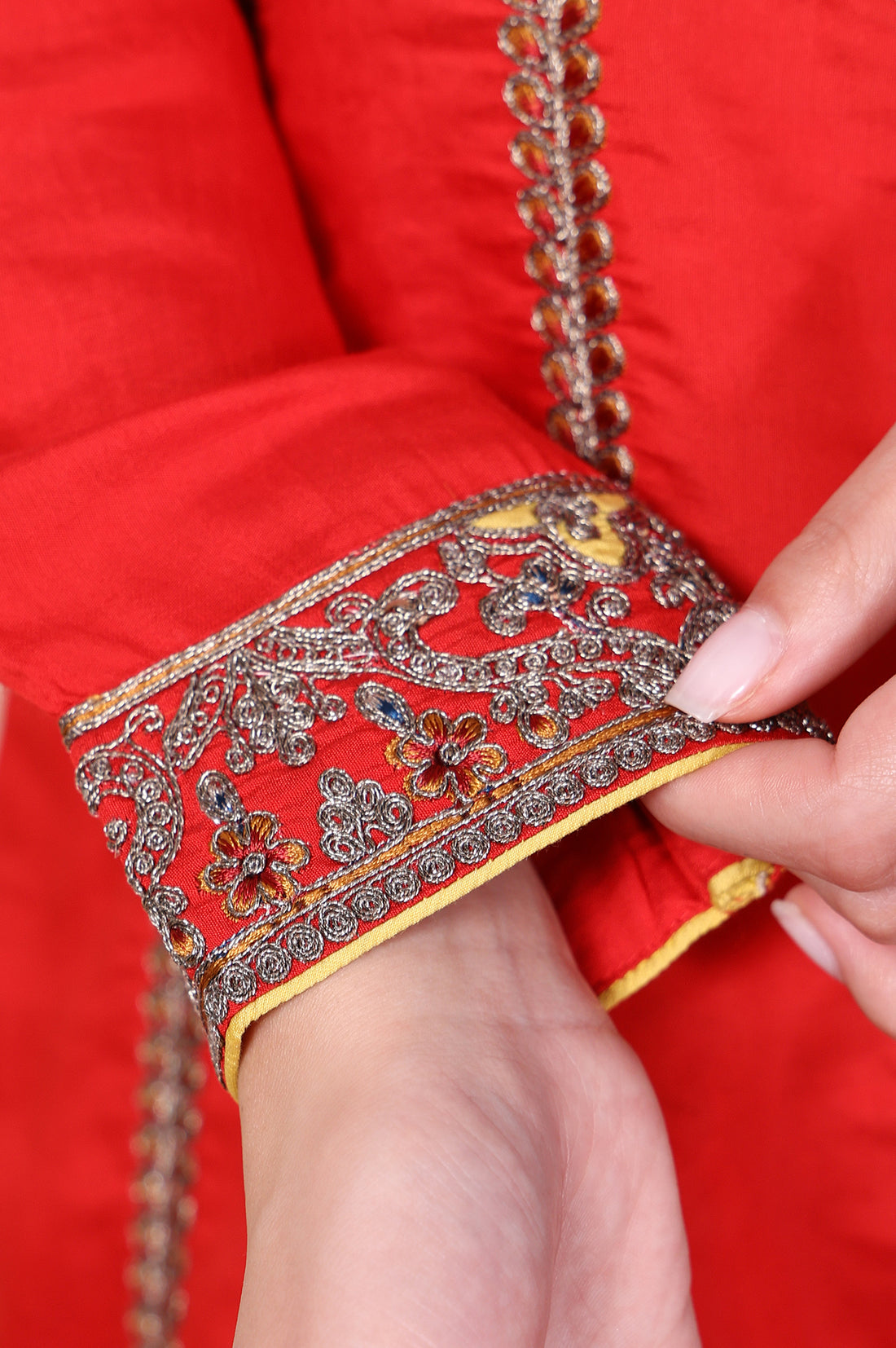 Red Mirror Work A-Line Kurta with Pant and Dupatta