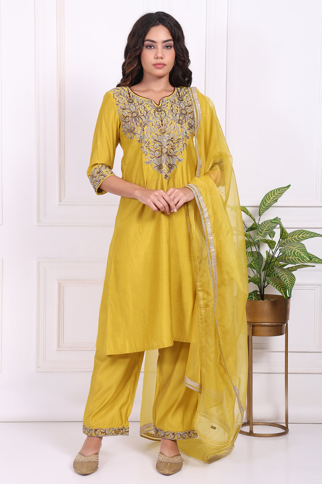 Yellow Embroidered Straight Kurta with Straight Pant and Dupatta Set