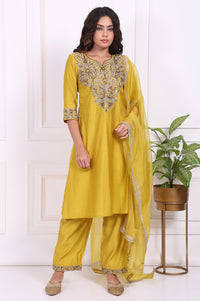 Yellow Embroidered Straight Kurta with Straight Pant and Dupatta Set