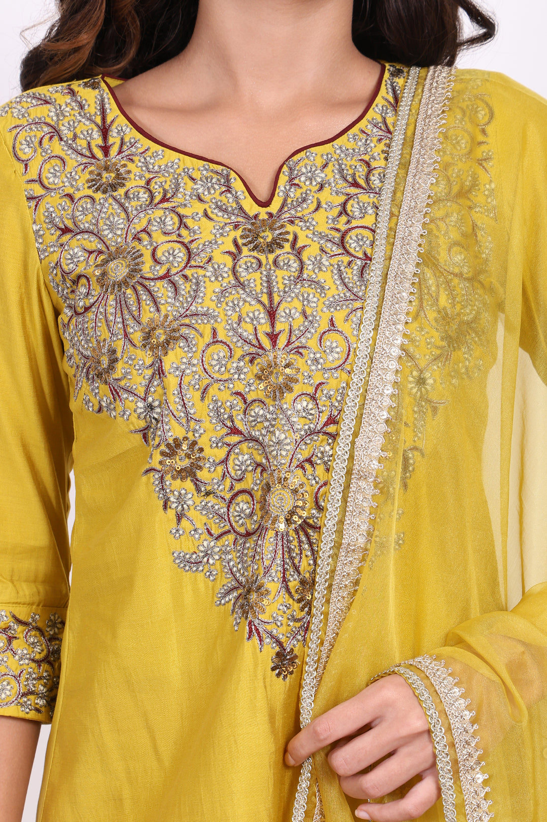 Yellow Embroidered Straight Kurta with Straight Pant and Dupatta Set