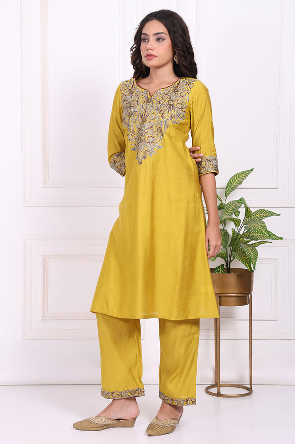 Yellow Embroidered Straight Kurta with Straight Pant and Dupatta Set