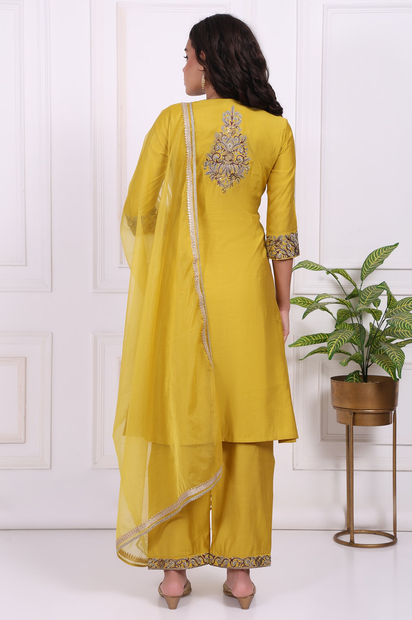 Yellow Embroidered Straight Kurta with Straight Pant and Dupatta Set