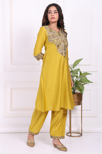 Yellow Embroidered Straight Kurta with Straight Pant and Dupatta Set