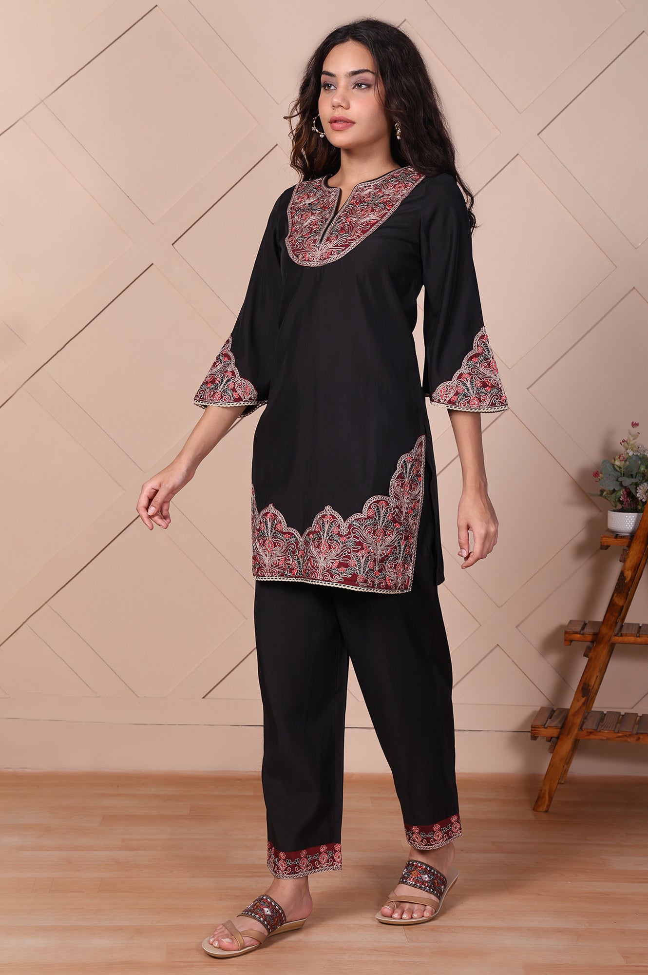 Black Embroidered Straight Kurta and Pant Set