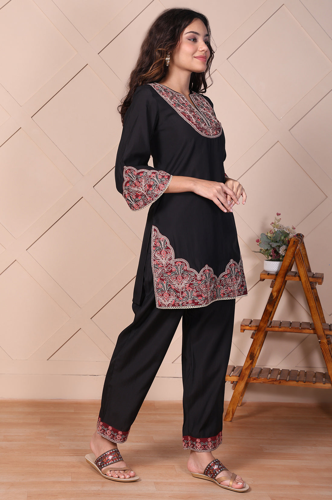Black Embroidered Straight Kurta and Pant Set