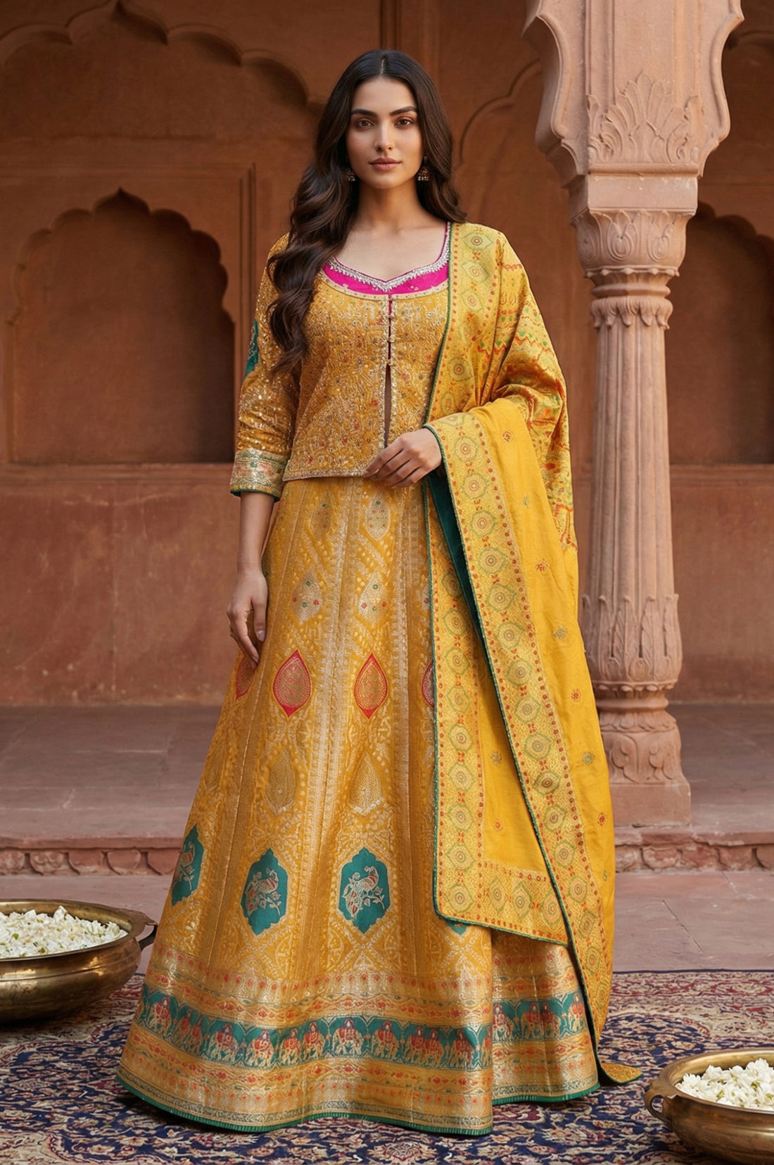 Mustard Zari Embroidered Jacquard Straight Top with Skirt and Dupatta Set