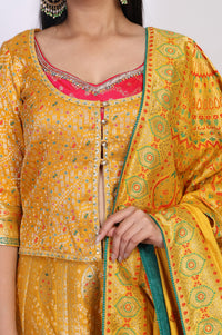 Mustard Zari Embroidered Jacquard Straight Top with Skirt and Dupatta Set