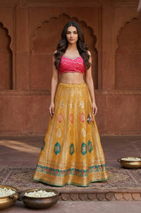 Mustard Zari Embroidered Jacquard Straight Top with Skirt and Dupatta Set