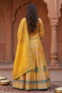 Mustard Zari Embroidered Jacquard Straight Top with Skirt and Dupatta Set