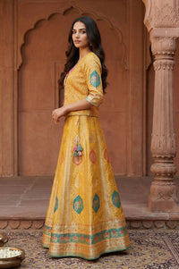 Mustard Zari Embroidered Jacquard Straight Top with Skirt and Dupatta Set