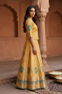 Mustard Zari Embroidered Jacquard Straight Top with Skirt and Dupatta Set