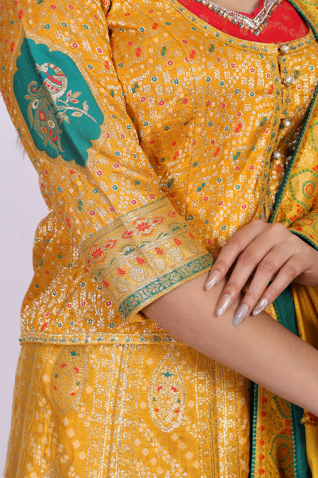 Mustard Zari Embroidered Jacquard Straight Top with Skirt and Dupatta Set