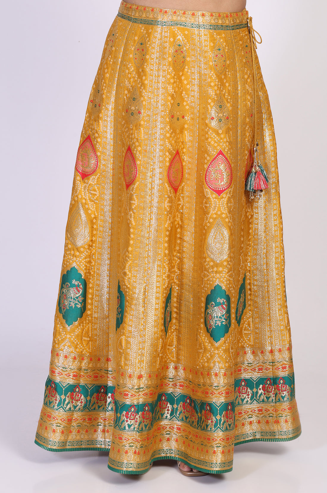 Mustard Zari Embroidered Jacquard Straight Top with Skirt and Dupatta Set